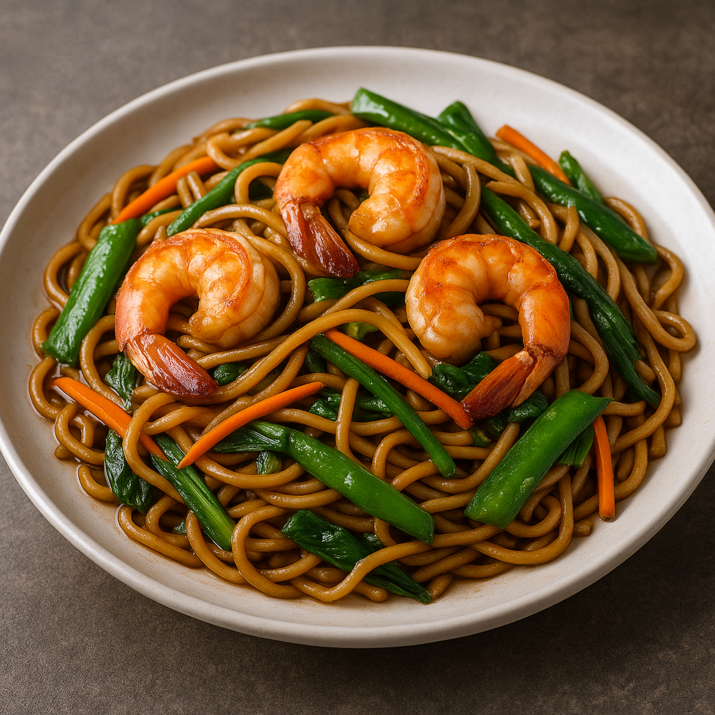 Tallarines fritos con gambas