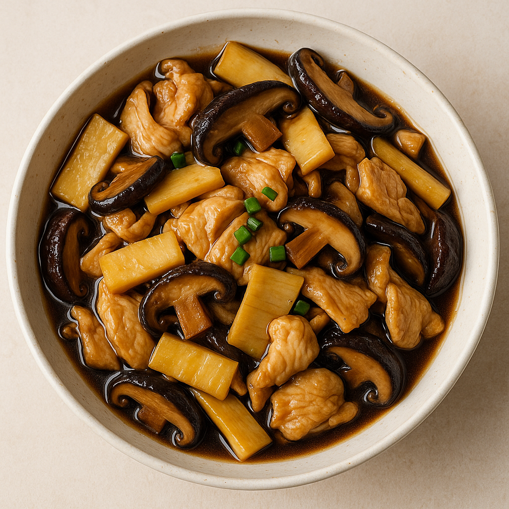 Pollo con bambú y setas