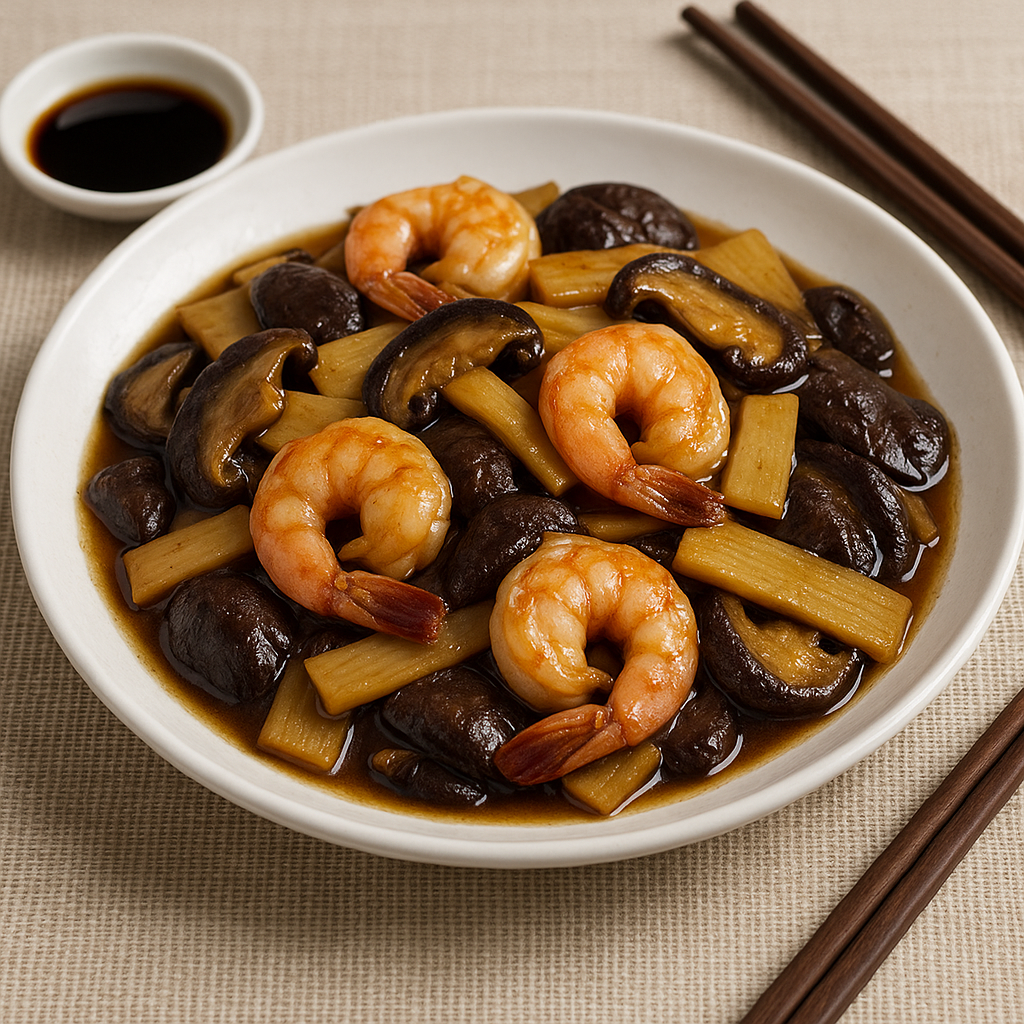Gambas con bambú y setas