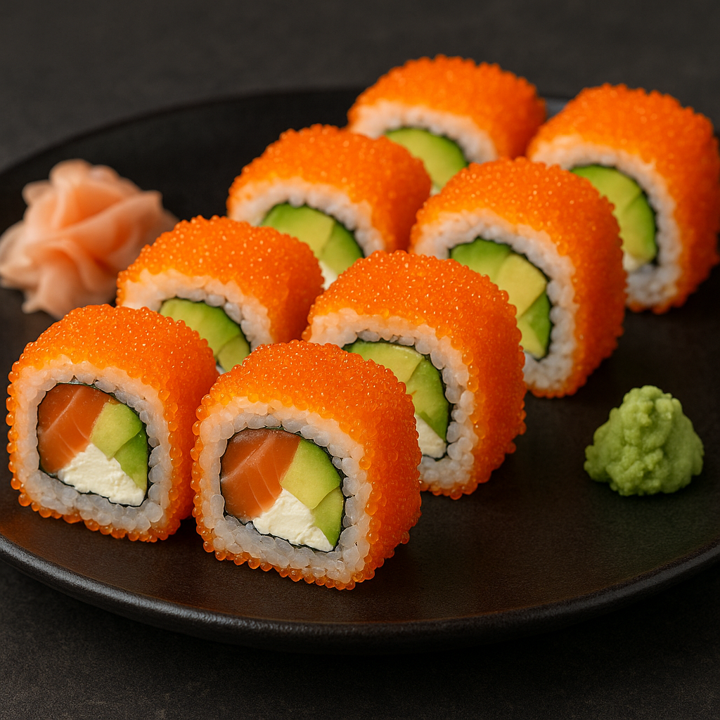 Salmón, aguacate, queso y tobiko
