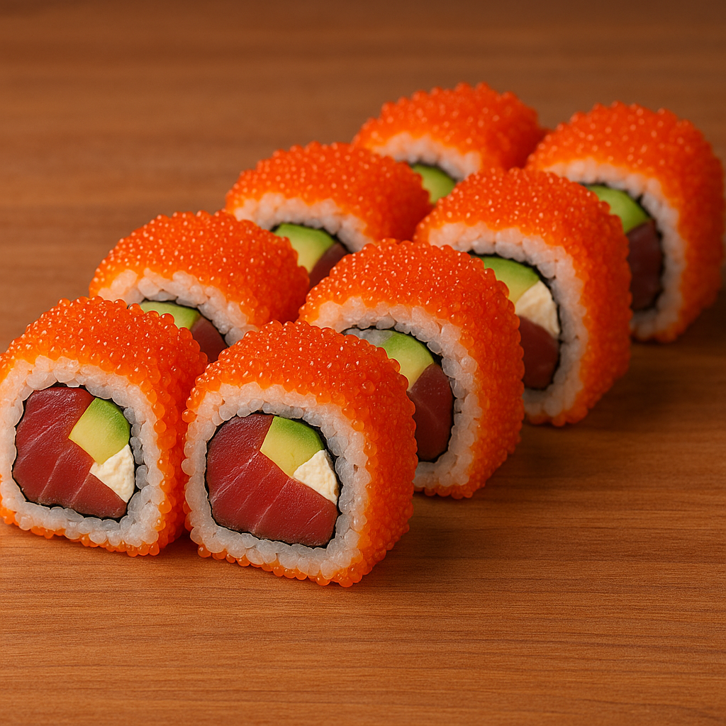 Atún, aguacate, queso y tobiko