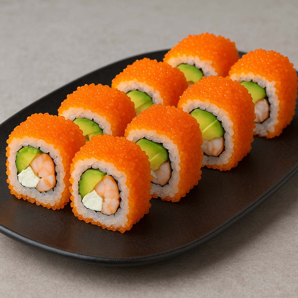 Langostino, aguacate, queso y tobiko