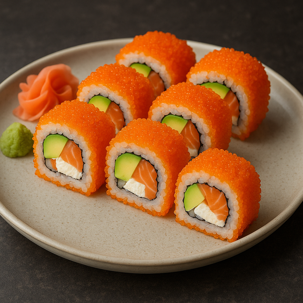 Salmón, aguacate, queso y masago